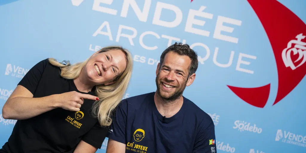 31 mai, les Sables-d'Olonne, village de la Vendée Arctique, interview de Nico d'Estais, skipper de l'IMOCA Café Joyeux et de Claire Faure-Millet, directrice générale de Café Joyeux. 