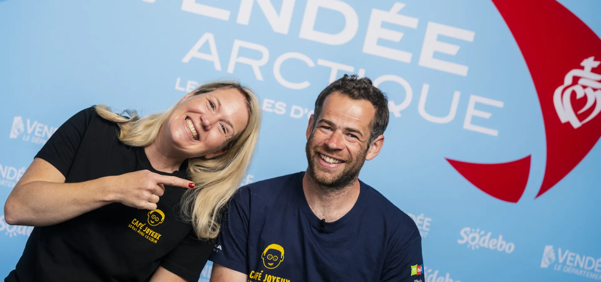 31 mai, les Sables-d'Olonne, village de la Vendée Arctique, interview de Nico d'Estais, skipper de l'IMOCA Café Joyeux et de Claire Faure-Millet, directrice générale de Café Joyeux. 