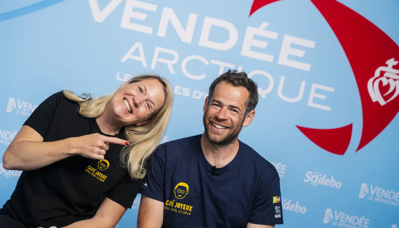 31 mai, les Sables-d'Olonne, village de la Vendée Arctique, interview de Nico d'Estais, skipper de l'IMOCA Café Joyeux et de Claire Faure-Millet, directrice générale de Café Joyeux. 